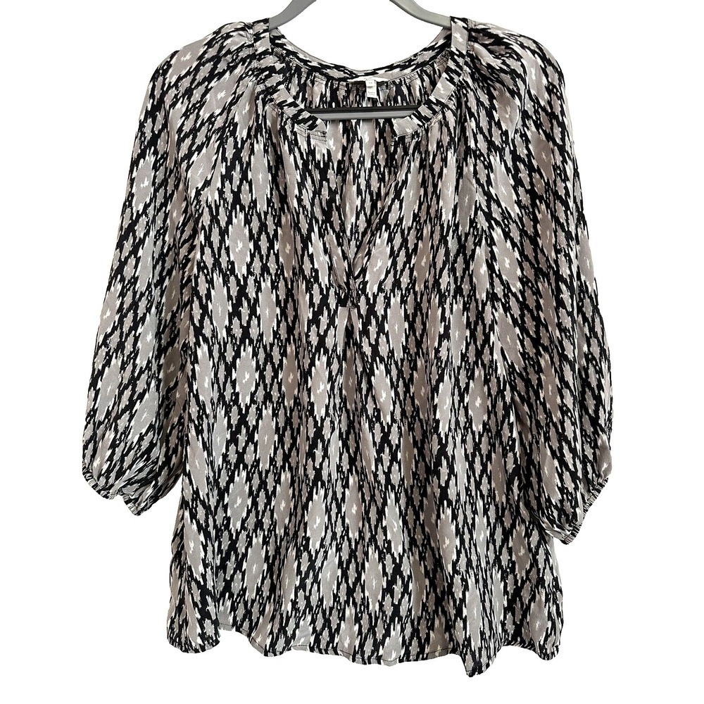 Joie Shirt Blouse Women's M Ikat Print 100% Silk 3/4 Raglan Blouson Sleeve Top
